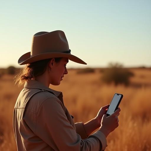 Person using a mobile phone in the Australian Outback, symbolizing connection and freedom